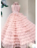 High Neck Light Pink Ruffled Tulle Flower Girl Dress